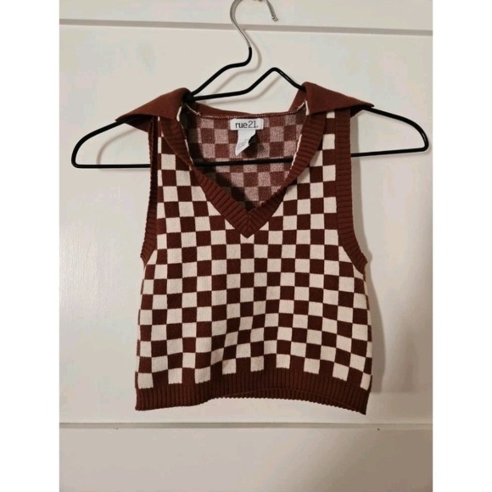 Rue21 Brown White‎ Checkered Knit Collared V-Neck Sweater Vest Size Small